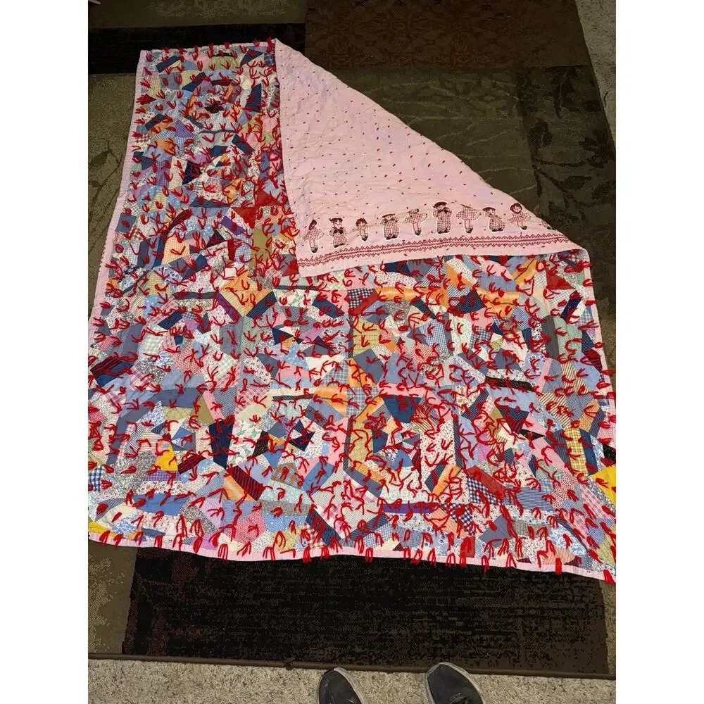Vintage Patchwork Quilt Folk Art Colorful Scrap Granny Tied - Picture 13 of 15